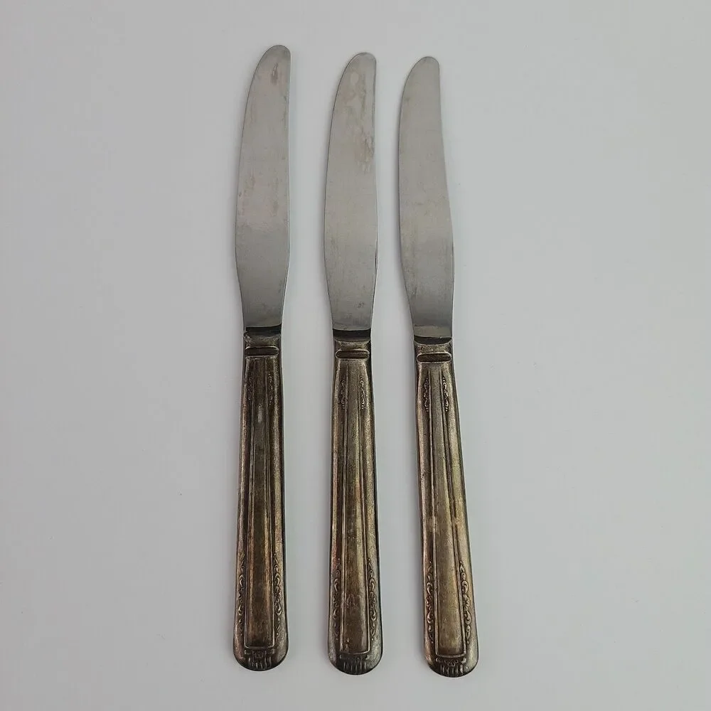 Vintage Silverplate Knife Set of 3 Elegant Floral Leaf Vertical Lines